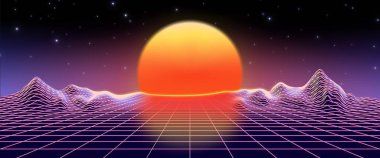 80 'lerden kalma neon günbatımı sentetik dalga arkaplanı. Soyut fütüristik buhar dalgası, güneş ve dağ manzaralı siber şebeke. Müzik partisi için disko sürreal buhar grafik tasarımı örnekleme.