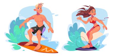 Gemide sörfçüler dalga yakalayıp sörf yapıyor. Denizdeki ya da okyanustaki sörf tahtasında duran genç erkek ve kadının çizgi film çizimleri. Mutlu aktif insanlar yüzüyor. Yaz plajı macerası.