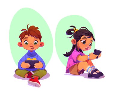 Kids playing with mobile phone. Cartoon vector illustration set of cute little boy sitting on floor and girl using smartphone. Child game and device addict or gadget for online study. clipart
