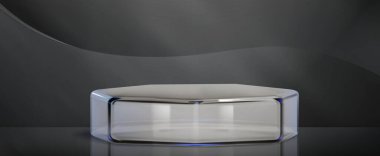 Soyut siyah arkaplanda altıgen cam platform. Lüks ürün sunumu için şeffaf plastik podyumun gerçekçi temsili, parlak yüzeyi olan boş pleksiglas sahne modeli