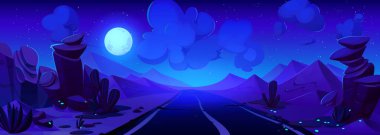 Gece çöl yolu. Kum tepecikleri, kaktüsler ve bitkiler, karanlıkta parlayan neon ateşböcekleri, bulutlu yıldızlı gökyüzünde parlayan dolunay ile manzaradaki eski çatlak otoyolun vektör çizimi.