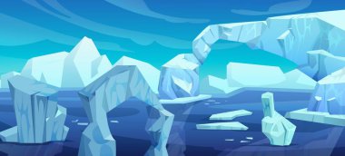 Buz dağları okyanus ya da denizde, kutup manzarası. Buzul kar dağı ve suda yüzen buz blokları olan mavi kutup manzarasının çizgi film vektör çizimi. Yüzeyle soğuk kuzey ufku.