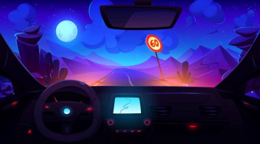 Gece çölde, dolunay ışığında arabanın ön camından manzarayı seyret. Çizgi film vektörü sürücüsüz, direksiyonlu, GPS navigatörlü kontrol paneli..