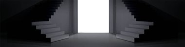 3D siyah beyaz merdiven podyumu manzaralı. Merdiven konsepti arka plan modeli. Gerçekçi merdiven gösterisiyle en düşük stüdyo iç mekanı. Soyut panorama illüstrasyonu ve kapı ışığı