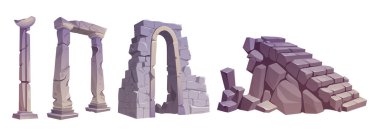 Eski harabe vektör seti. Eski Atlantis şehir tapınağı sütun ve kemer inşa ediyor. Kırılmış ve terk edilmiş antik Yunan anıtı tasarımı. Roma medeniyetinin bahçe ve müzesi için yıkım taşı sütunları.