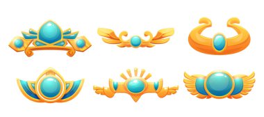 Altın antik Mısır ui oyun çerçeve vektör elementi. Firavun, zümrüt ve kanat dekorasyonuyla süslenmiş hazine sınırı. Mitoloji antika daveti veya 2d uygulama menüsü için metal ayırıcı.