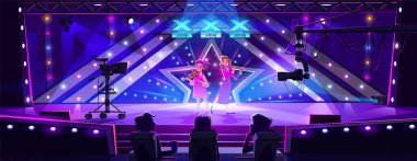 Yetenek gösterisi sahnesinde oynayan kızlar. Sahnede keman ve flüt çalan kadın karakterlerin vektör çizimi neon ışıklı ve yıldız süslemeli, jüri oyları üstte, canlı yayın