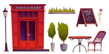 Çizgi film restoranının dış unsurları ayarlandı. Mobilya dışındaki kafe - cam ve ahşap kapı, masa ve sandalye, karatahta ve sokak lambası, dekoratif bitkiler ve çiçek dinlenmek ve terasta yemek yemek için