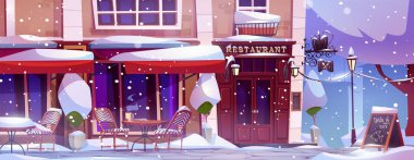 Winter City Caddesi 'nde restoran cephesi var. Açık hava kafesinin vektör çizimi, karlı kentteki masada sıcak kahve, Noel çelenkleri, retro fener, çalılar ve ağaçlar, tatil manzarası.
