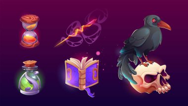 Sihirli kitap seti olan sihirbaz oyun ikonu. Cadılık unsurlu bir ortaçağ cadılar bayramı objesi. Simya iksiri şişesi, kafatası, kum saati, kuzgun ve sihirli değnek tasarımı Hallowen uygulaması için