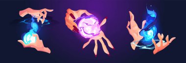 Cadı kadın el seti ve mistik ışık tasarımı. Esrarengiz büyü çizgi film elementi. Ruhsal büyücülük enerjisi ve simya. 2D mavi ateş ve buz fantezi topu. Ürkütücü kadın büyücü şaman