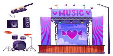 Açık hava müzik festivali tasarım unsurları beyaz arka planda izole edildi. Açık hava sahnesinin vektör çizimi. Pankartta kalp işareti, davul, sentezleyici, hoparlör ve sokak lambası var.