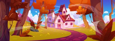 Sonbaharda ağaçlara, çimenlere ve patikalara turuncu yapraklı ormandaki kır evi. Çizgi film, Woodland 'daki şirin kulübesi olan bir yere düştü. Rüzgarlı havada ağaçlarla çevrili kır evine giden yol..