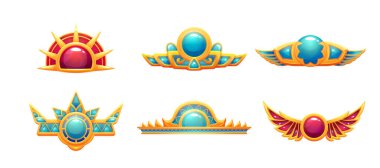 Sınır veya ayırıcının Mısır oyun simgesi. Karikatür vektör illüstrasyon seti Antik Mısır 'ın değerli varlığı kırmızı ve turkuaz değerli taşlardan yapılmıştır. Firavun altın süs ve mücevher.