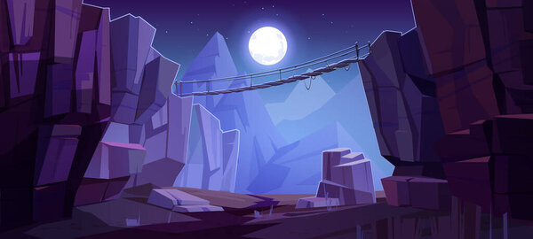 Веревочный мост между скалами в ночных горах. Векторная карикатура на старую подвесную дорогу, висящую над скалистым зазором, полная луна, светящаяся в темной звездной ночи, приключенческий туризм
