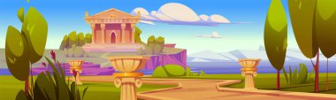 Antik Yunan panteon binası sütunları ve merdivenleri olan, güneşli yaz gününde mavi gökyüzünde bulutların altında yürüyüş yolu ve yeşil çimenler ve ağaç. Roma tapınağı binası. Antik uygarlık veya mitoloji sahnesi