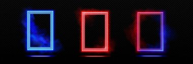 Kırmızı ve mavi neon çerçeveler şeffaf arkaplanda izole edildi. Dikdörtgen kenarların vektör gerçekçi çizimi, duman ve ışıltılı sihirli ışık portalları, ateş ve buz efekti, tasarım elementleri