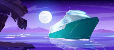 Deniz ya da okyanus kıyısında gece vakti dolunay ışığında palmiye ağaçları olan büyük bir yolcu gemisi. Deniz tatili için büyük bir yolcu gemisiyle karikatür karanlık gece yarısı sahnesi. Modern deniz taşımacılığı