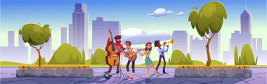 Yaz günü şehir parkında bir sokak grubu sahne alacak. Gitar, trompet, kontrabass, flüt çalan, mikrofonda şarkı söyleyen, modern şehir manzarası arka planında yaşayan genç müzisyenlerin vektör çizimi
