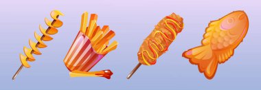 Geleneksel Kore fast food atıştırmalıkları. Sokak yemekleri karikatür vektör illüstrasyon koleksiyonu - tornado patatesi ve çubuk üzerinde sosisli sandviç, karton kutuda patates, bungeo ppang. Doğu yemeği..