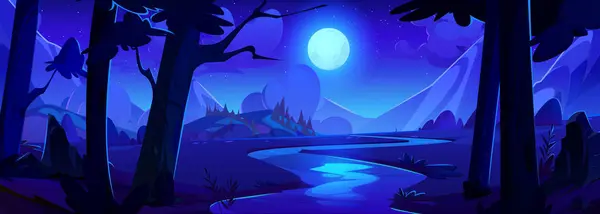 Ночная Река Горах Векторная Карикатура Красивые Темные Пейзажи Лесные Деревья — стоковый вектор