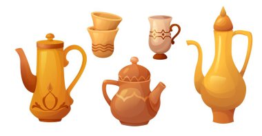 Eski Arap çaydanlığı ve kahve fincanı Ramazan çizgi filmi. Türk arap mirası çaydanlık ikonu ve klitoris seti. Altın ya da bakır antika İslami içki konukseverlik sembolü. Doğu geleneksel doğu atıcısı