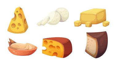 Çedar peyniri, karikatür ikonu. Süt üçgeni bloğu ve Fransız yemeği ya da kahvaltısı için ürün dilimi. Çiftlik çerezi. Mozarella, gouda ve parmesan koleksiyonu çeşitleri.