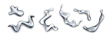 3D sıvı krom şekil, soyut y2k metal nesne. Sıvı grafik ögesi ayarlandı. Modern modayı takip eden civa damlası koleksiyonu. Estetik platin yansıtıcı dekorasyon. Gerçekçi minimalizm boyayı düşürür