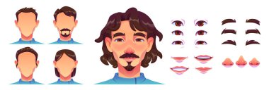 Farklı saç kesimleri, gözleri, kaşları ve burunları, dudakları, bıyıkları ve sakalı olan bir adam avatarı. Özelleştirilebilir genç erkek karakter baş elementlerinin çizgi film vektör çizimi.