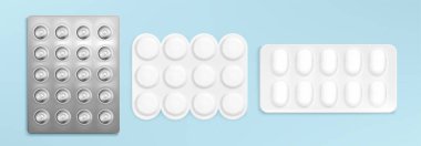 İlaç şişliği, kapsül ve tablet paketi. 3D gerçekçi tıbbi folyo ve plastik paket izole edilmiş ilaç modeli. Boş vitamin, parasetamol ve ağrı kesici kaplar.