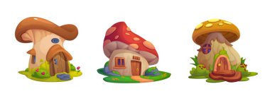 Şirin peri masalı cücesi ya da elf evi vektörü seti. Sihirli cüce ya da penceresi, mantarı, çatısı ve verandası olan bir hobbit için hayali orman binası. İzole edilmiş sebze köyü çizimi
