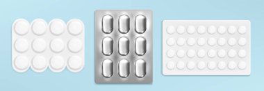 Arka planda ilaç kabarcıkları var. Folyonun, yuvarlak tabletlerin ve oval kapsüllerin plastik paketlerinin, ağrı kesicilerin, antibiyotiklerin, doğum kontrol ilaçlarının, ilaçların gerçekçi temsilcisi.