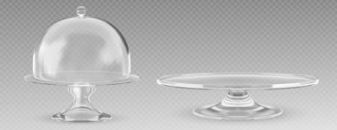Kubbe çanı kapaklı pasta tezgahı. Şeffaf plastik tepsi ve kapaklı gerçekçi 3d vektör çizimi. Pastane kaidesi süslemesi. Silindir cam vitrin ya da tepsi