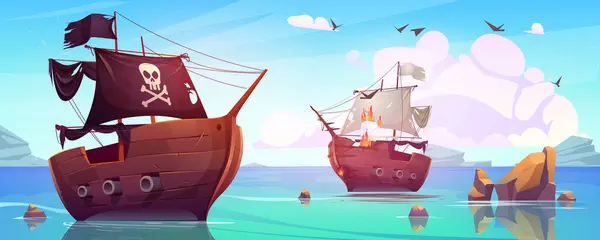 Shipwreck Pirate Ship Attack Vector Cartoon Illustration Sailboat Burning Vintage — Stock Vector