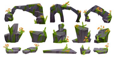 Yosun ve çimenli gri büyük bir taş. Orman ve orman manzarası için liken ve yabani çiçeklerle kaplı kaya kayalarından oluşan çizgi film çizimi çizimleri. Büyük çakıllı kayalık moloz ve kemer bloğu.