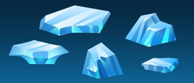 Kuzey kutbu manzarası için farklı şekillerde buz kütlesi blokları. Mavi donmuş buzullar ve kar kristal küpünden oluşan çizgi film vektör çizimi. Denizde ya da okyanusta yüzen buz dağları..