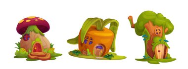 Sihirli peri cücesi ya da mantar, havuç ve odundan yapılmış pencere ve kapılı hayvan evi. Küçük fantezi elf evinin şirin çizgi film vektör seti. Hayal gücü ormanlık ya da bahçe kulübeleri ve kulübeler.