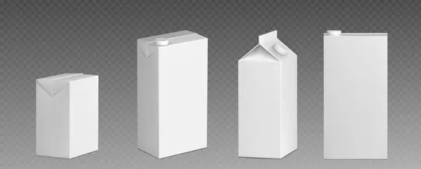 ミルクまたはジューステトラパックのモックアップ 白い空白のペーパー パッケージの現実的な3Dベクターのイラスト セット 飲み物の貯蔵のためのプラスチックふたが付いている空のカートン箱 飲料用ボール紙容器のテンプレート — ストックベクタ