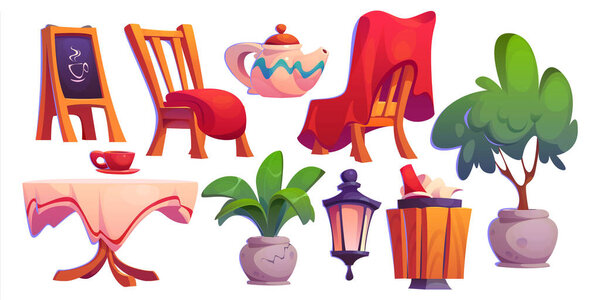 Restaurant outside furniture and elements. Cartoon exterior cafeteria terrace objects. Street or park cafe table and chairs with plaid, chalkboard and plants in pot, lantern and teapot, trash can.