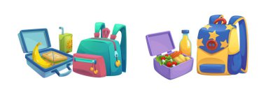 Okul çantası ve beslenme çantası beyaz arka planda izole edilmiş. Renkli öğrenci sırt çantalarının vektör çizimi, taze sağlıklı yiyecekler, salata, öğle yemeği için plastik kutuya doldurulmuş sandviç, okul beslenmesi.