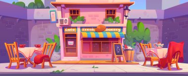 Pastanenin dış cephesinde sokak kafeleri ve sandalyeler var. Dışarıdaki restoranı olan karikatür şehri manzarası - bardaklı mobilyalar ve çaydanlık, ekoseli koltuklar ve girişe yakın çöp tenekesi.