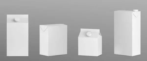 ミルクボックスパック 白いカートンのジュースのモックアップを白くして下さい 3D段ボールドリンクパッケージテンプレートモックアップ キャップフロントとサイドビューデザインの現実的な飲料容器 ラップのブランディングのためにクリアな空のテトラバッグ — ストックベクタ