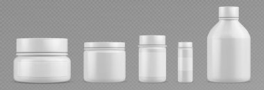 İlaçlar ve takviye malzemeleri için plastik şişe. İlaç ve boş etiketli vitamin için gerçekçi bir 3 boyutlu vektör seti. Yuvarlak kapalı konteyner eczane kapsülü, tablet veya toz şablonu.