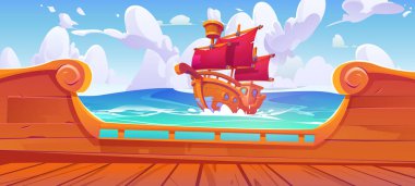 Gemi güvertesinden eski yelkenli manzaralı deniz karikatürü çizimi. Kırmızı yelkenli duvar kağıdı tasarımlı geleneksel ahşap kadırga. Okyanus macerası sahnesi. Güneşli bir günde deniz manzarasına dadanmak