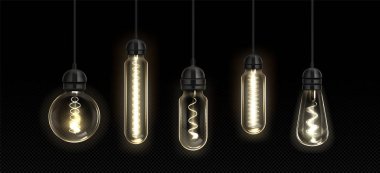 Retro light bulb lamp. Vintage edison filament vector. Realistic electric led glass incandescent design with white glow hang on wire. 3d different saving power technology for trendy loft interior clipart