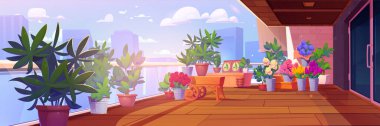 Home garden on high terrace or rooftop of skyscraper with cityscape on background. Cartoon vector patio or veranda with wooden floor, green trees and plants in pots, flowers in vases on rack and table clipart