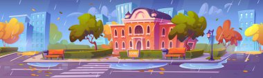 Autumn City çizgi filminin arka planında sokak okul binası. Üniversite ya da üniversite yağmurlu hava durumu çizimi. Devlet mimarisi ve şehir manzarası. Yaya geçidi yakınında akademik kampüs
