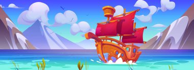 Denizde yüzen kırmızı yelkenli eski ahşap gemi. Su üzerinde yelken açan eski bir gemi, buzullu kayalık dağlar, mavi gökyüzündeki kuşlar ve rüya sembollü deniz manzarasının vektör çizimi.