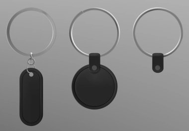 Set of black leather keychains isolated on background. Vector realistic illustration of oval and round shape blank fob on silver metal ring, souvenir pendant mockup with space for branding, accessory clipart