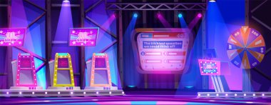 Quiz tv show stage with player platforms and presenter podium. Studio interior for recording contest with questions. Cartoon vector scene with screen and player panels, spotlight and spinning wheel. clipart